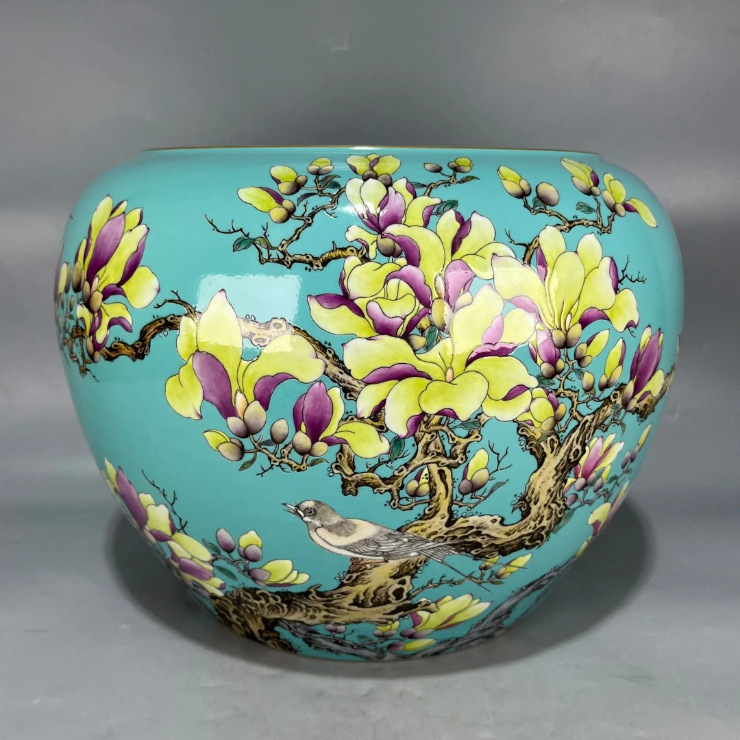 仿古绿釉描金粉彩花鸟纹缸