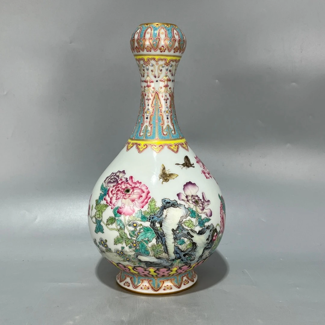 仿古乾隆年制珐琅彩花鸟诗文蒜头瓶