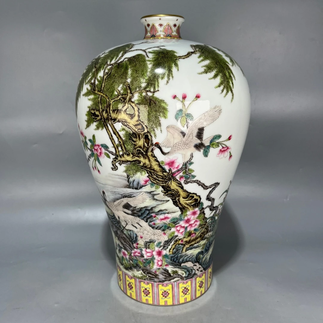 仿古 粉彩描金松鹤花卉诗文梅瓶
