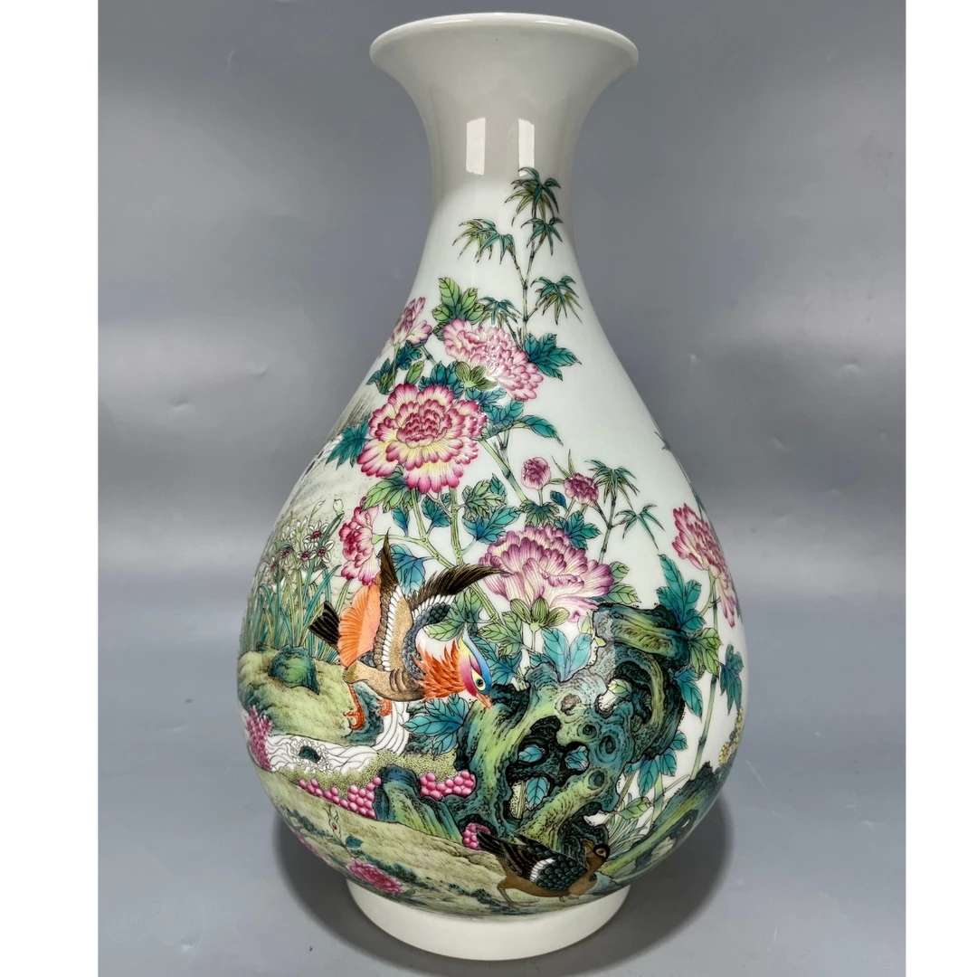 当代仿制  仿古粉彩花鸟诗文玉壶春瓶