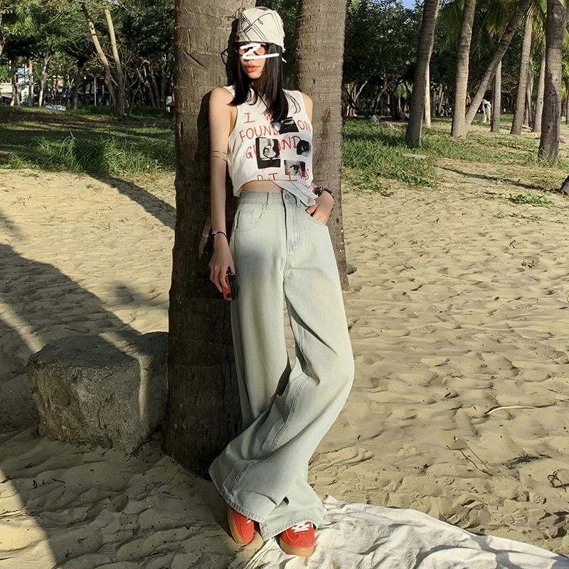 曹漂亮渐变丁达尔风直筒阔腿牛仔裤女春夏季宽松高腰显瘦拖地裤