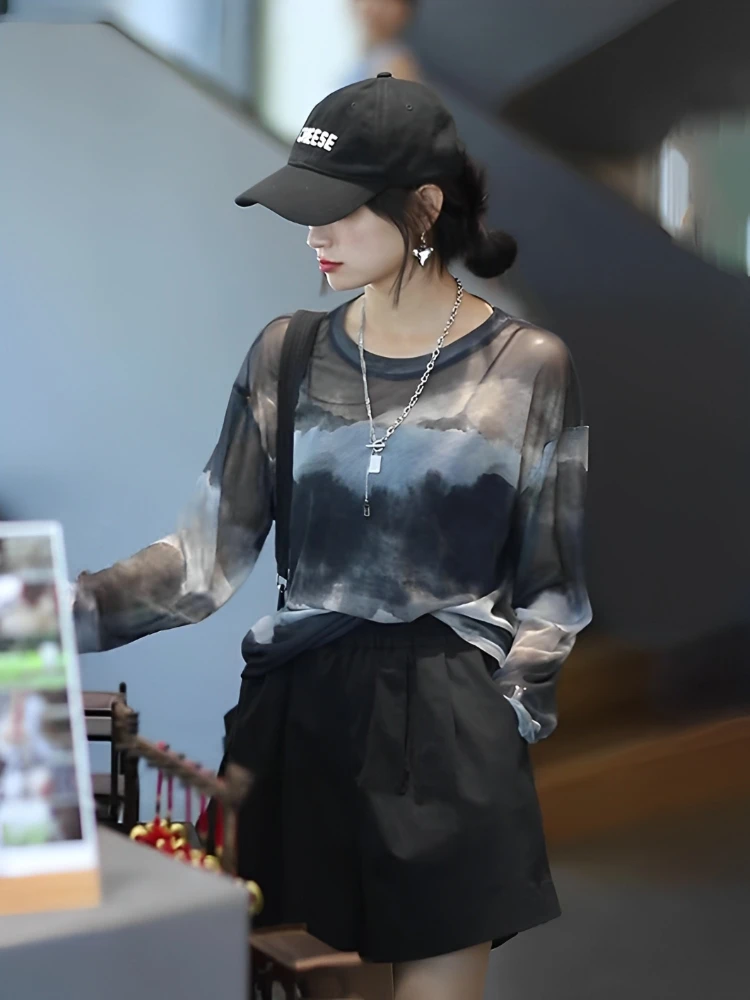 薄款冰丝防晒衫t恤女2024新款夏季韩版宽松显瘦百搭扎染长袖上衣