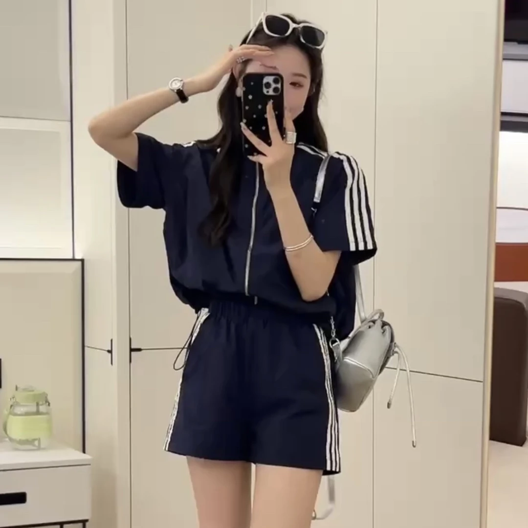 欧洲站2024夏季时尚立子条纹外套阔腿宽松运动休闲两件套