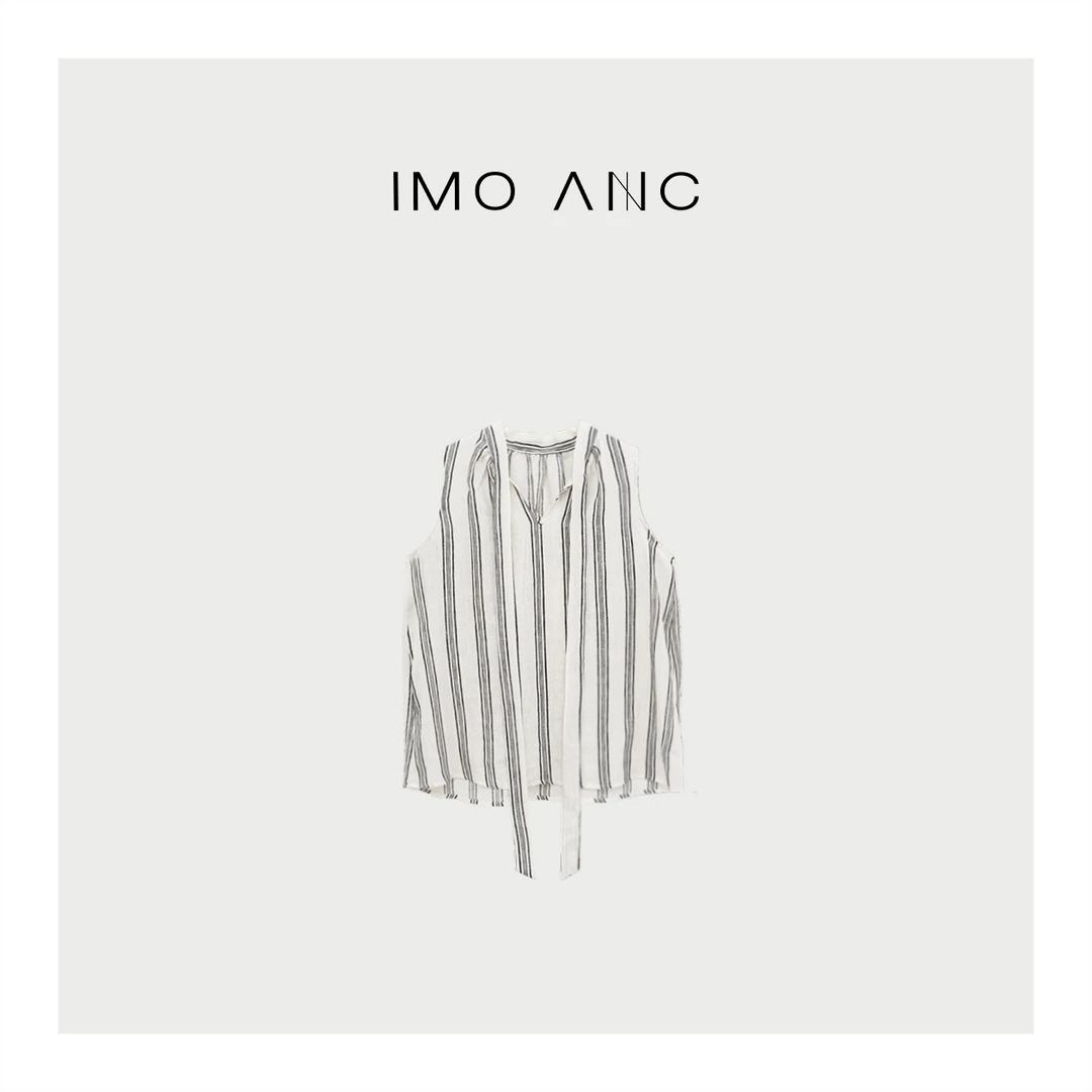 IM SO FANCY【竖琴】小V领定织竖条纹无袖飘带衬衫RE036