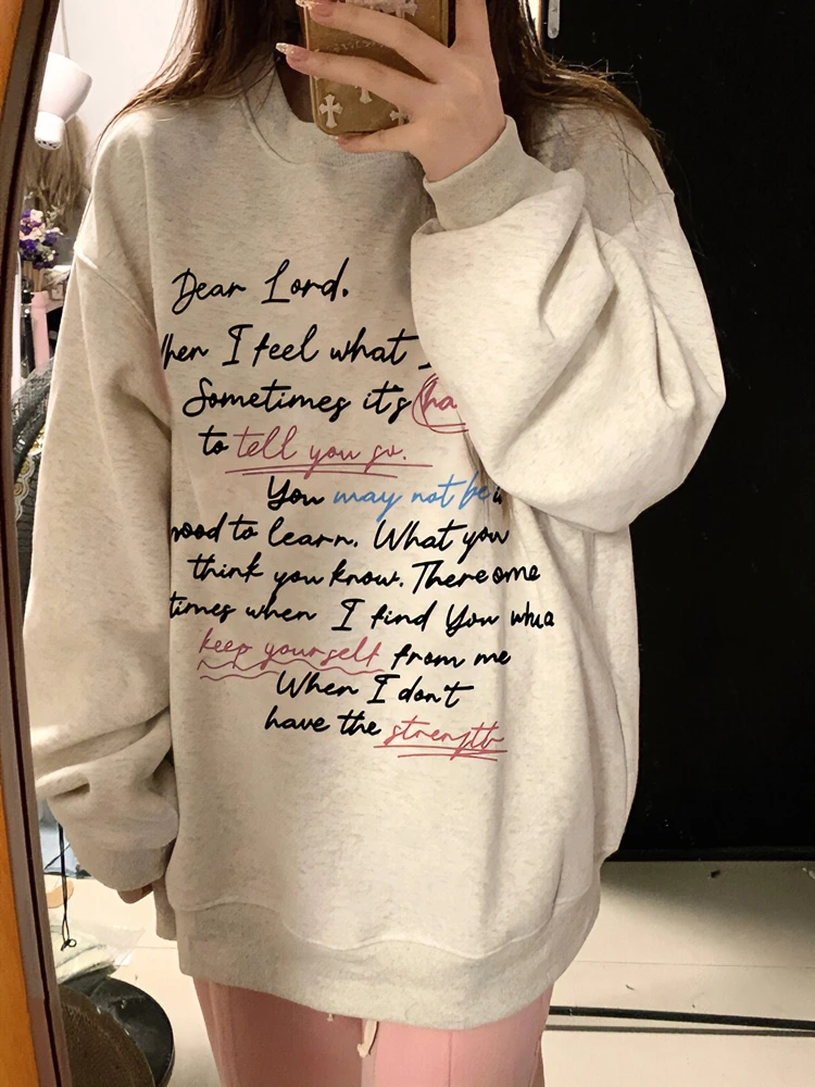 美式复古圆领卫衣女秋冬季oversize宽松加绒加厚潮牌字母印花上衣