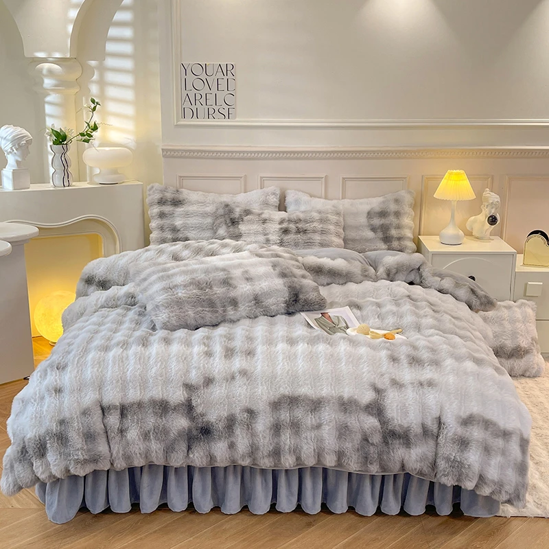 秋冬新款七彩泡泡床裙款床笠加绒加厚毛绒单人毛绒双层四件套