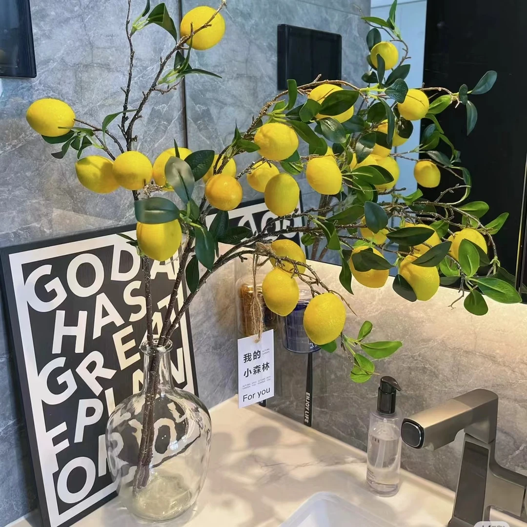 ins同款仿真柠檬果枝条插花简约室内软装花卉客厅摆件装饰假花瓶