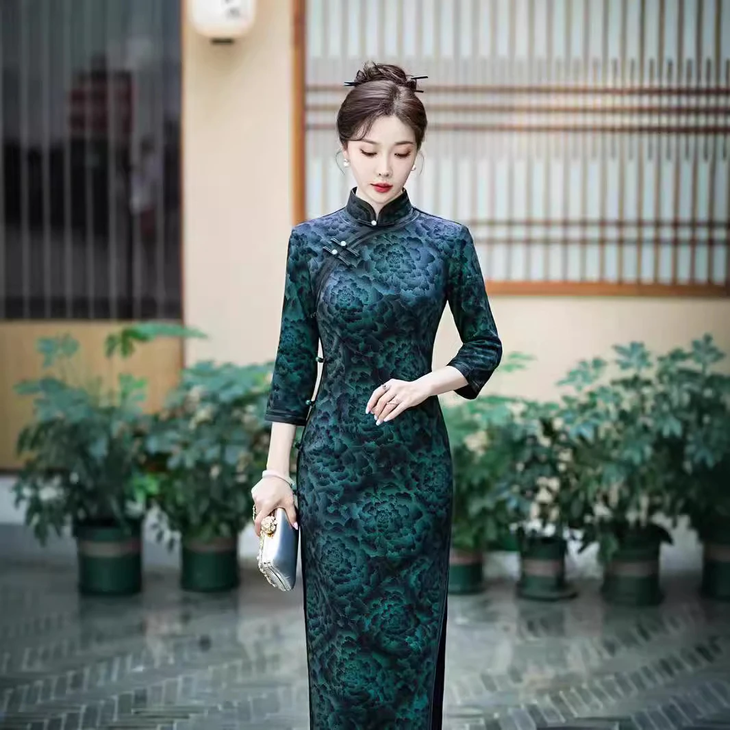 牡丹花长款老上海秋季旗袍年轻气质高端复古长袖日常显瘦黑色新款