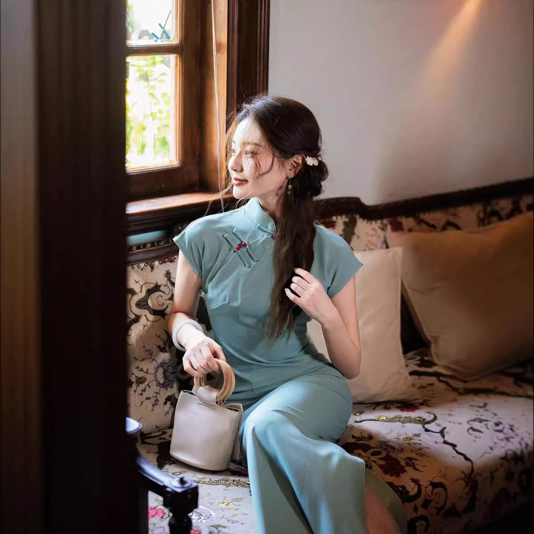 文艺清新改良旗袍2024年夏新款日常气质可穿新中式民国蓝色连衣裙