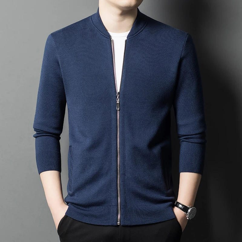 2024新款男士抗起球精纺羊毛衫立领外套秋冬厚款蓝色长袖针织开衫