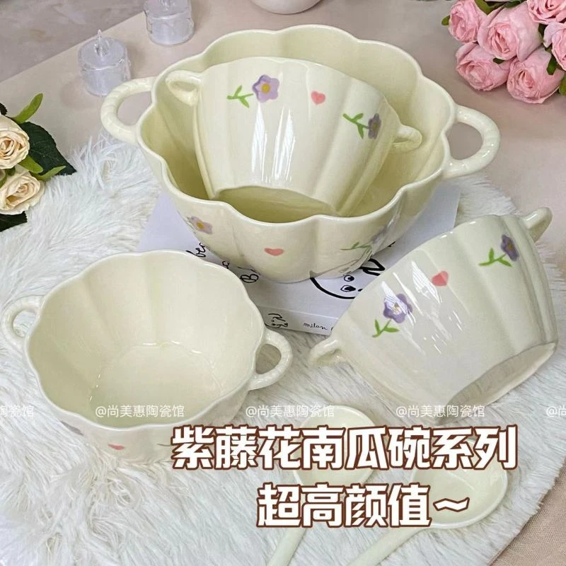 双耳汤碗奶油风色系酸奶碗大容量螺蛳粉碗家用宿舍泡面碗勺沙拉碗