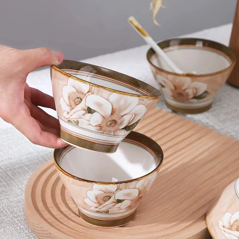 山茶花斗笠碗高颜值中式饭碗复古餐具新款面碗创意陶瓷高脚碗家用