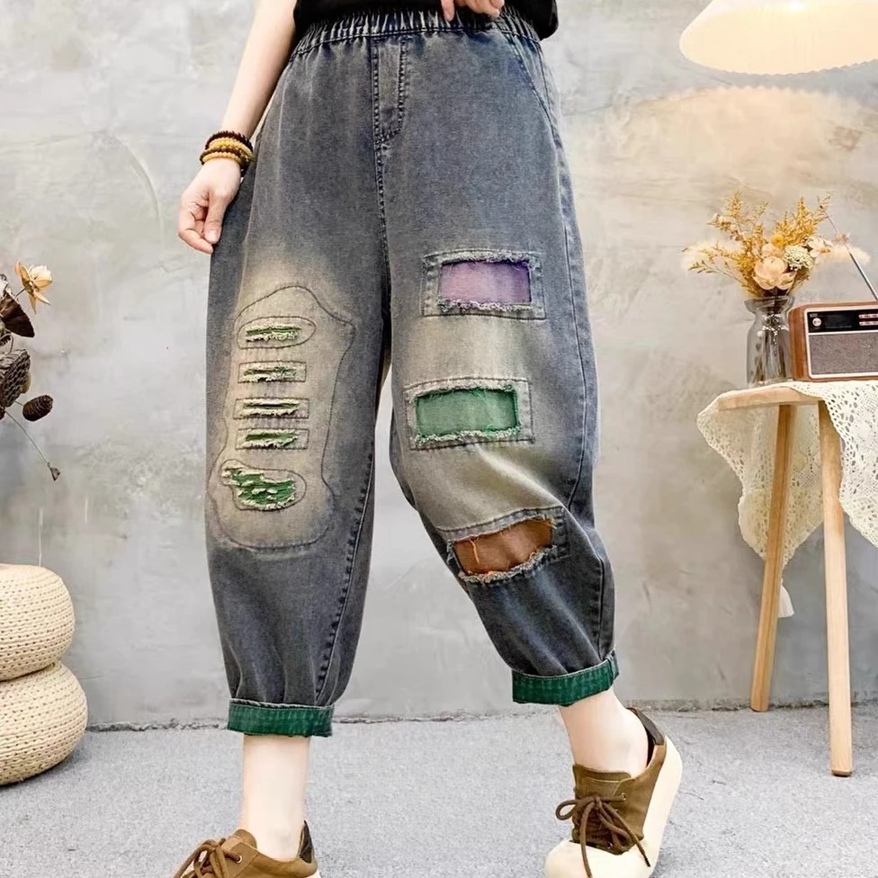 夏季薄款九分牛仔裤女裤破洞撞色宽松时尚哈伦裤休闲牛仔老爹裤子