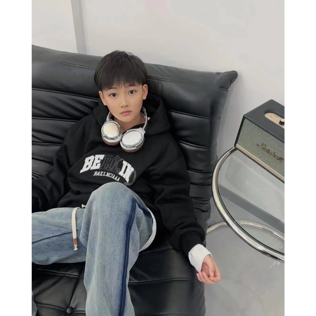 【现货】WY6962小赖家亲子秋冬百搭刺绣印花潮童连帽加绒时尚卫衣
