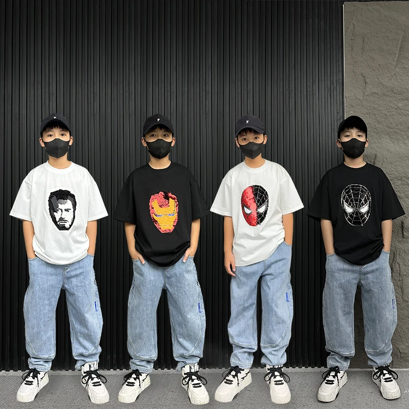 亮片刺绣男童中大童纯棉夏季亲子短袖美式潮流父亲节儿童节大码