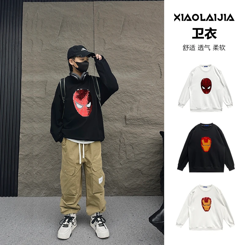 小赖家亲子装蜘蛛侠亮片刺绣男童中大童钢铁侠宽松版儿童长袖卫衣