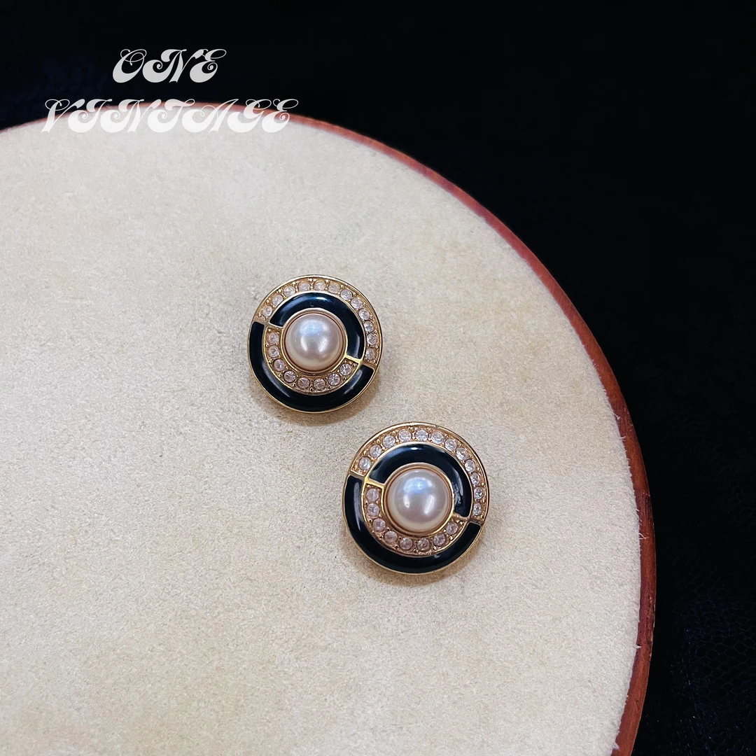 合金仿珍珠耳饰 施家黑金珐琅珠珠纽扣耳夹 vintage