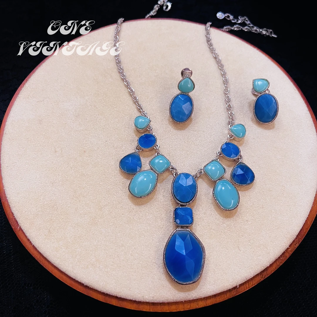 合金仿水晶项链 MONET蓝绿水晶薄荷水滴吊坠项链耳夹套装 Vintage