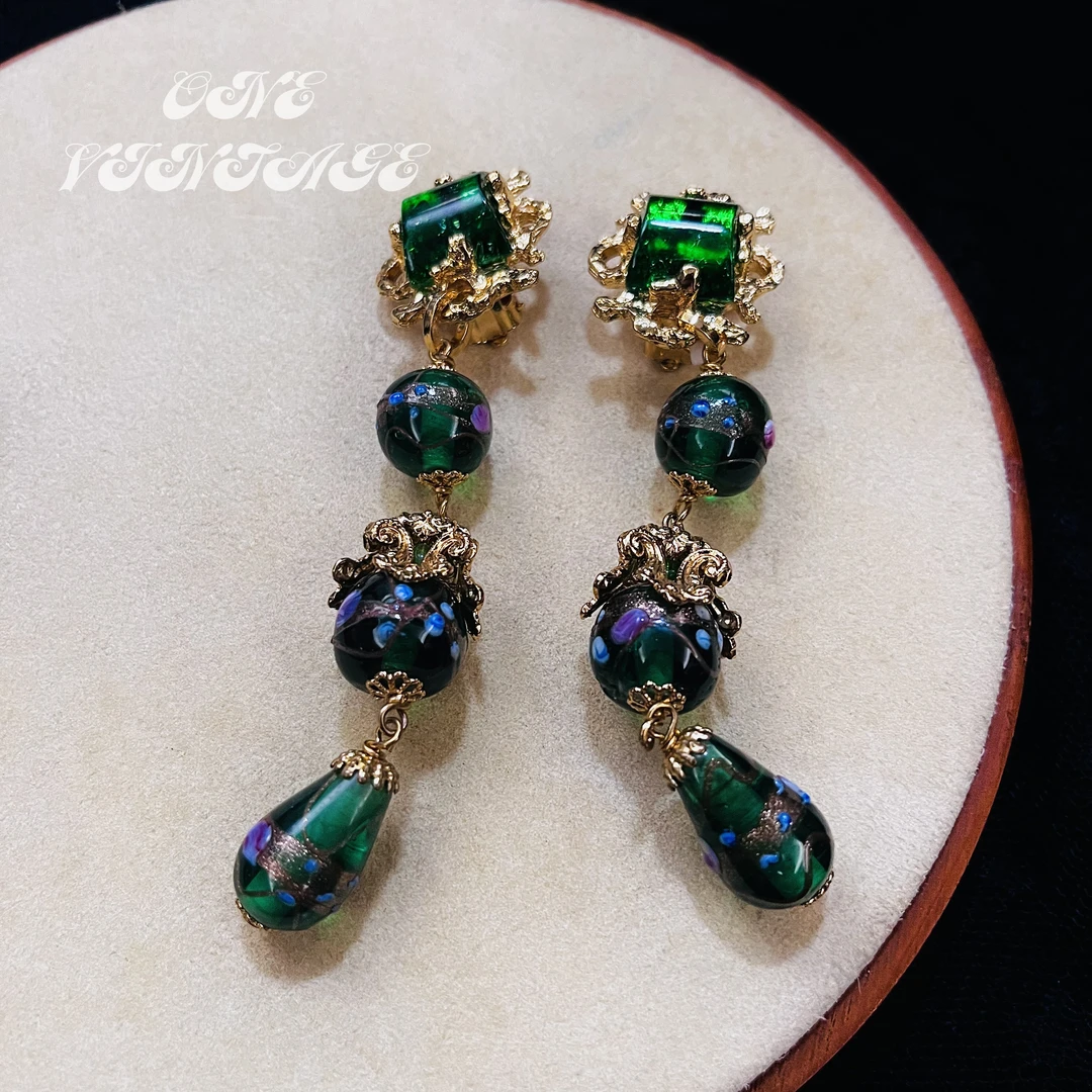 合金仿水晶耳饰 Gavilane穆拉诺琉璃串珠长款耳夹 vintage