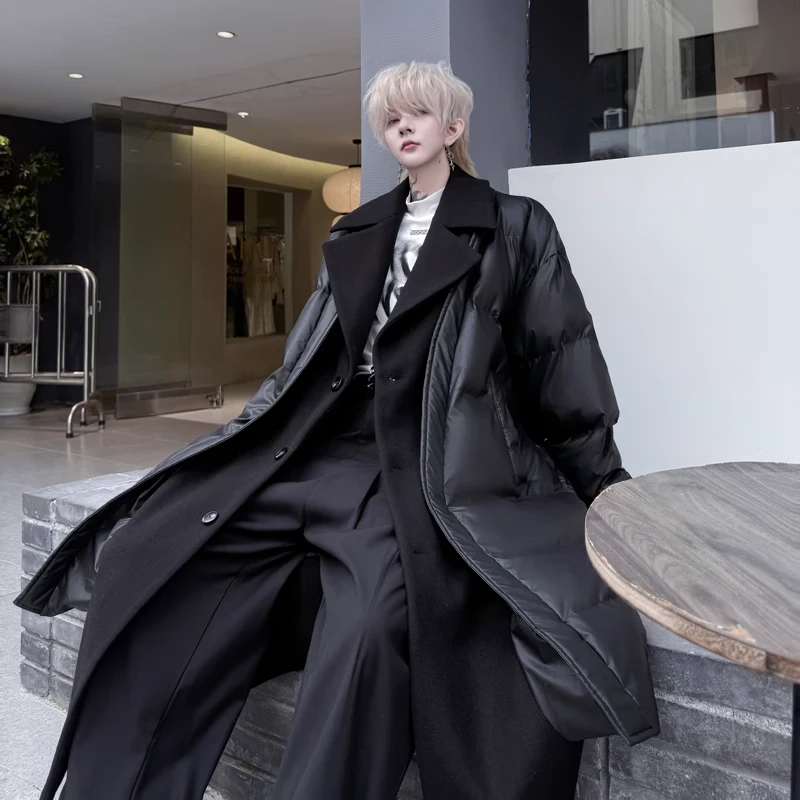 冬季高级感假两件翻领中长款加厚棉衣男韩版过膝帅气保暖棉服外套