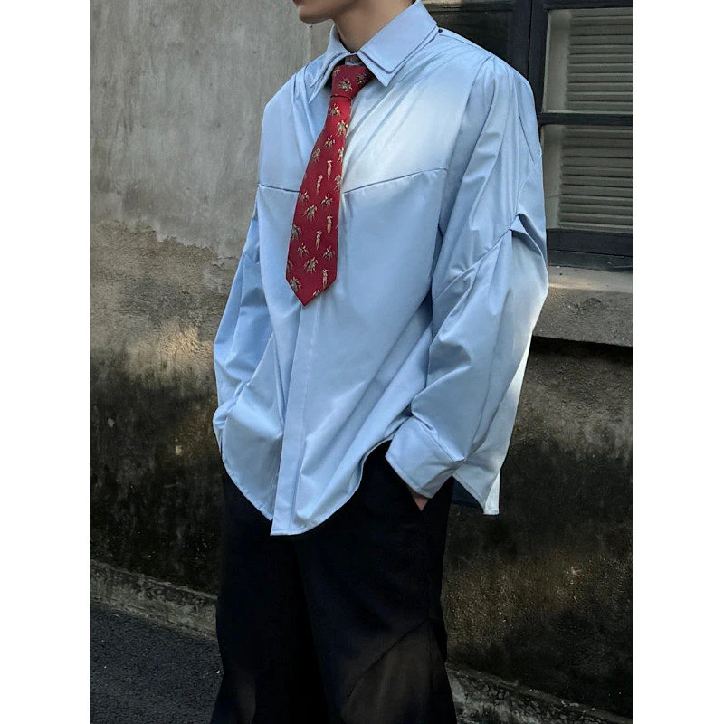 春秋小众解构褶皱廓形双层领衬衫男长袖外套高级感蓝色垫肩衬衣潮