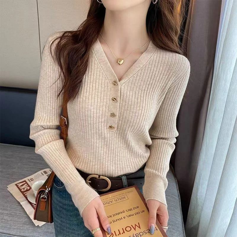 法式v领百搭洋气针织衫女秋冬2024新款高级感修身内搭毛衣针织衫