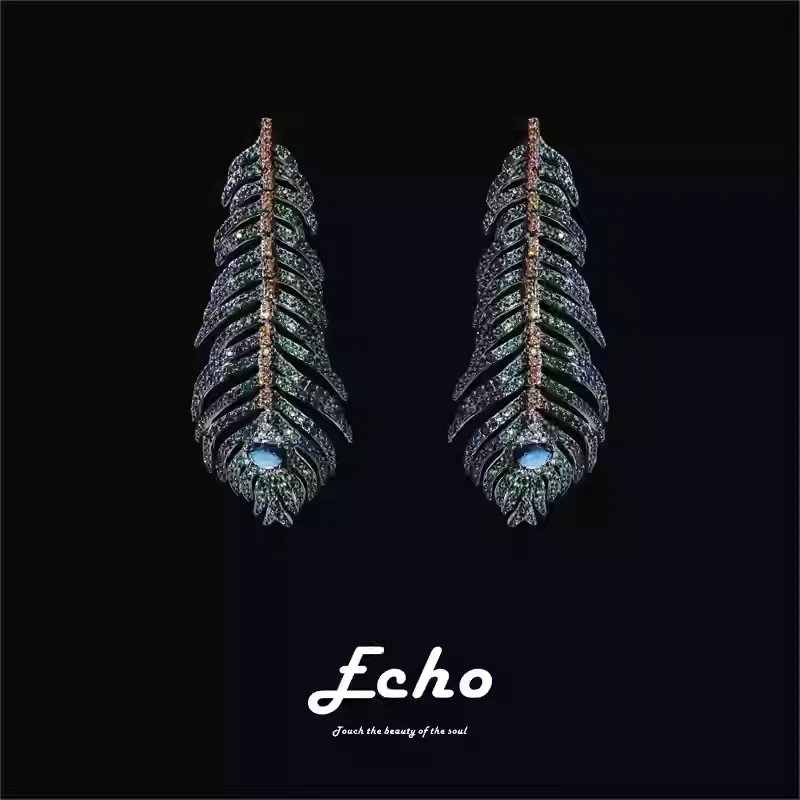 铜合金耳饰 ECHO耳钉CH013羽毛高级感耳饰手工气质蓝色时尚欧美