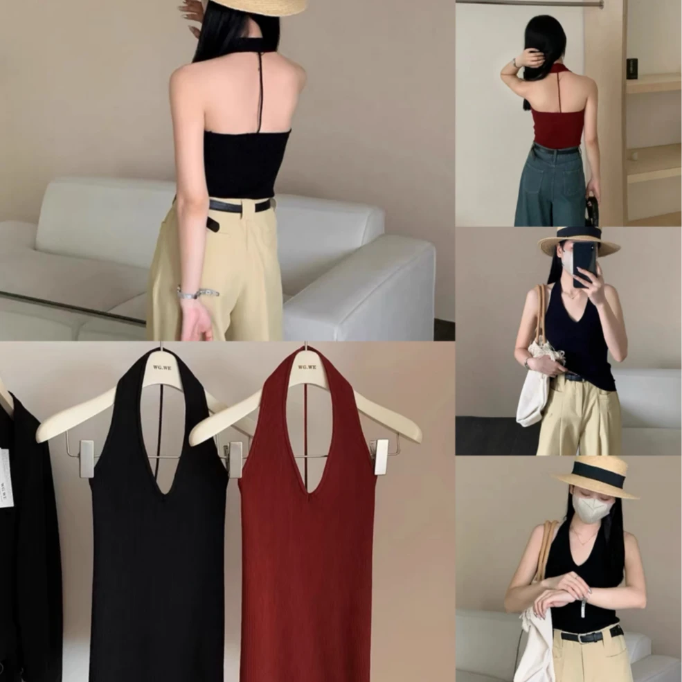 8981#法式复古挂脖针织吊带小背心百搭西装内搭打底辣妹短款上衣