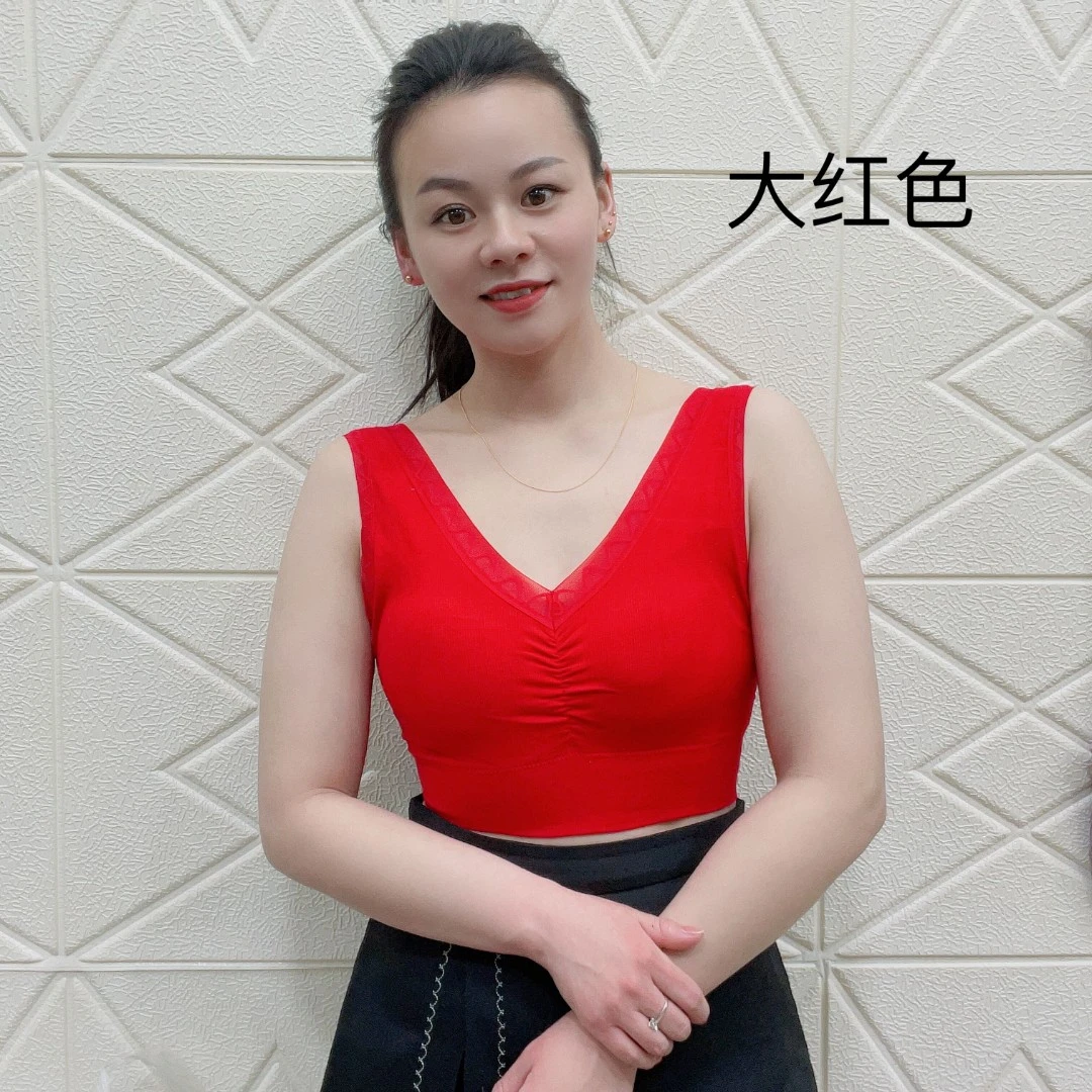 2231春夏薄款女士吊带背心固定杯无钢圈蕾丝V领美背大码无痕舒适