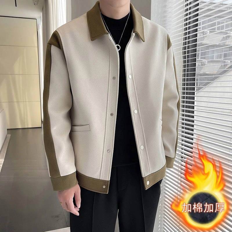 2023秋冬新款男装韩版潮流休闲加棉拼色毛呢男士加厚夹克外套
