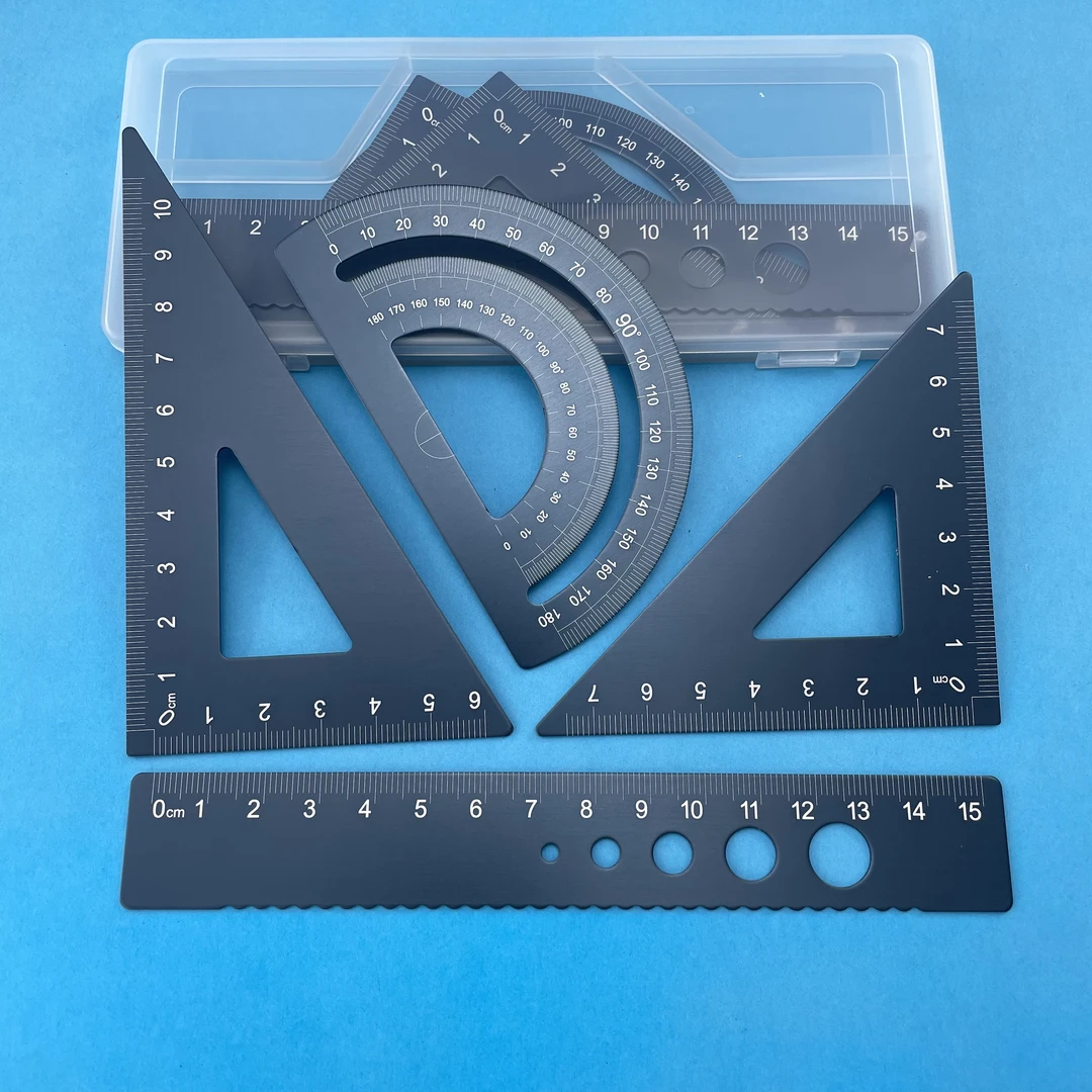 【考试日常用的】小学生尺子铝合金属定制材质多功能直角文具四件套