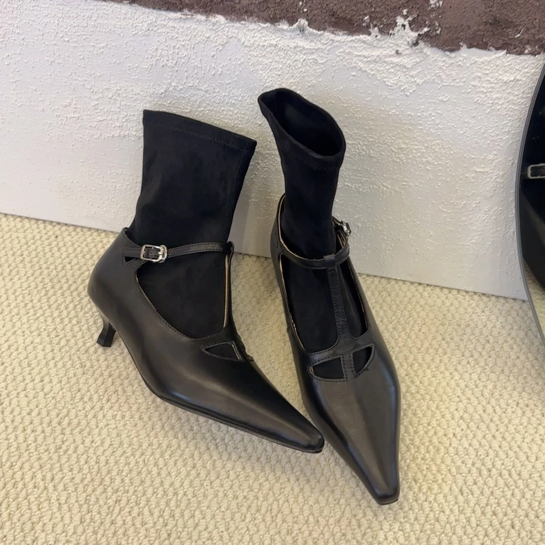 【王二今】牛皮/4.5CM/极简轻奢大牌细高跟尖头时装靴瘦瘦袜子短靴