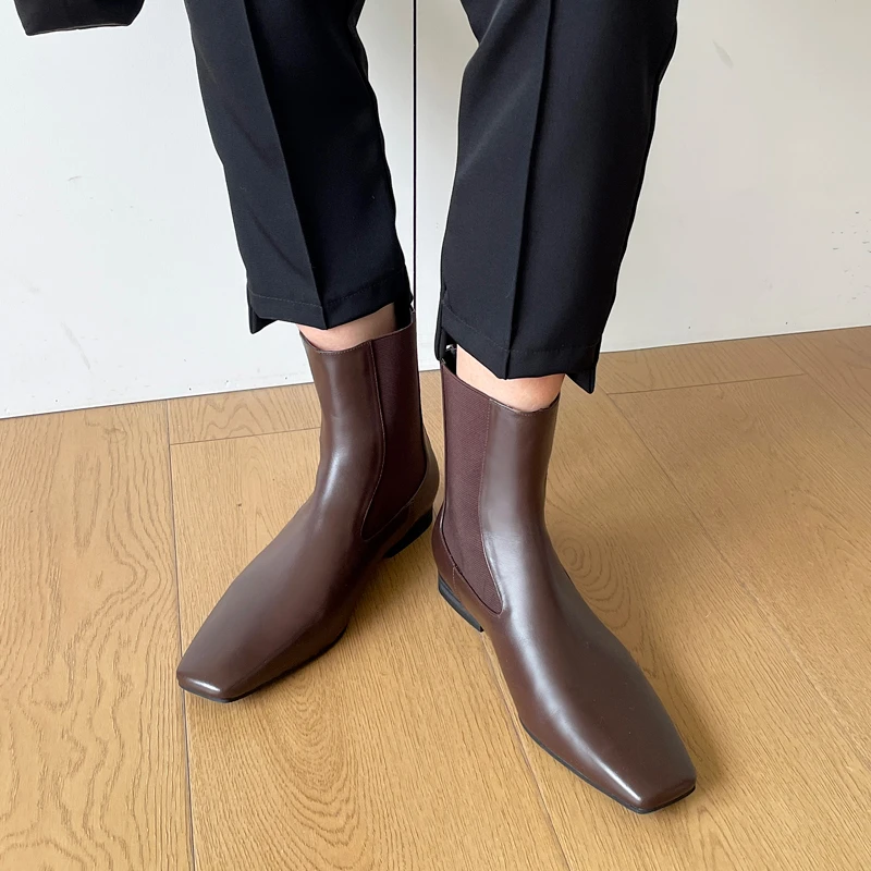 【王二今】牛皮/2.5CM/方头粗跟时髦短靴女切尔西靴女弹力瘦瘦靴女