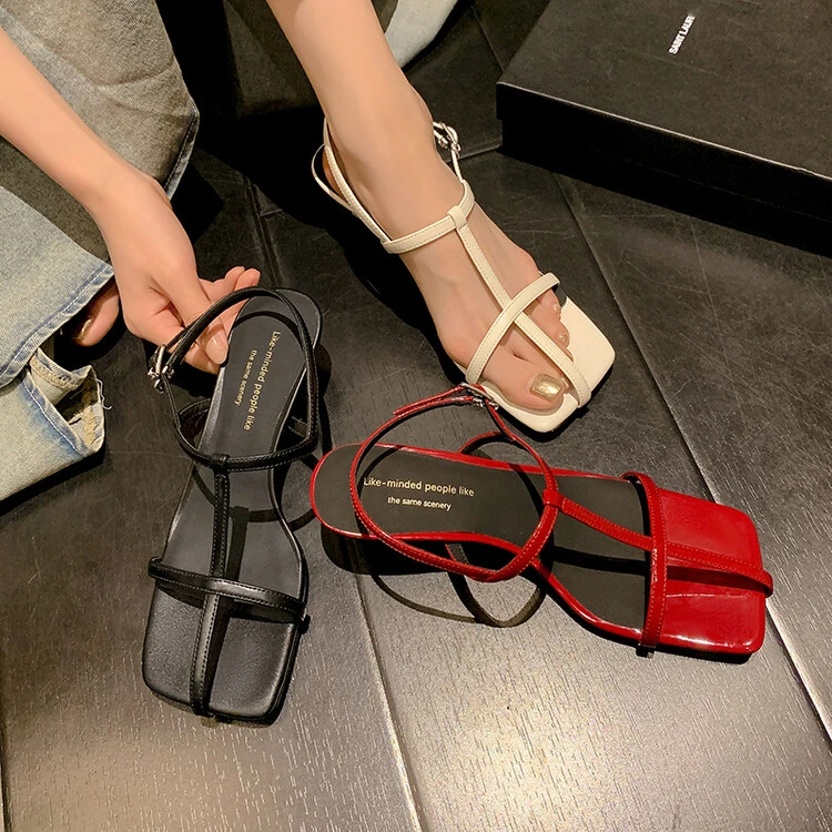 王二今/牛皮/5CM/十字交叉一字带方头凉鞋女露趾气质百搭网红外穿