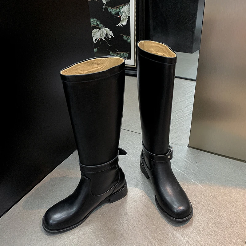 【王二今】牛皮/跟3.5cm/圆头粗跟超A简约气质长靴女骑士长筒靴女