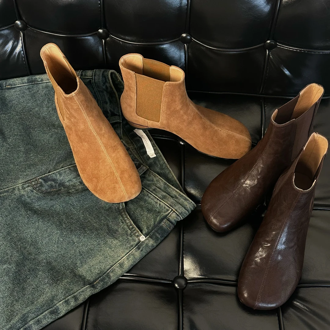 【王二今】羊皮/3.5CM/圆头粗跟短靴女切尔西瘦瘦靴时尚百搭短筒靴