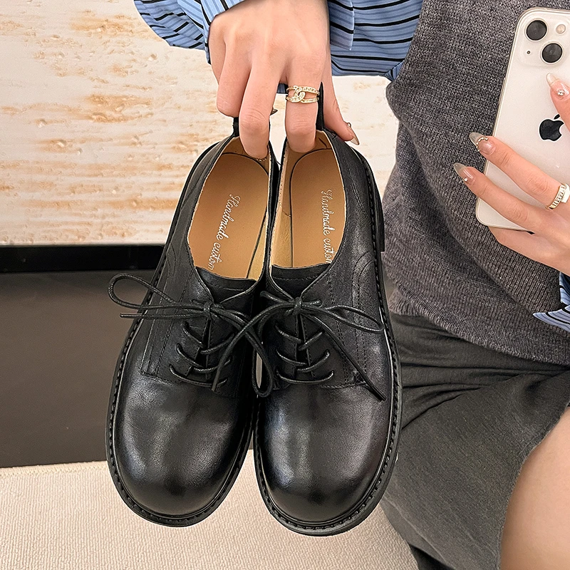 【王二今】马皮/跟3.5CM/圆头深口英伦风系带乐福单鞋小皮鞋女