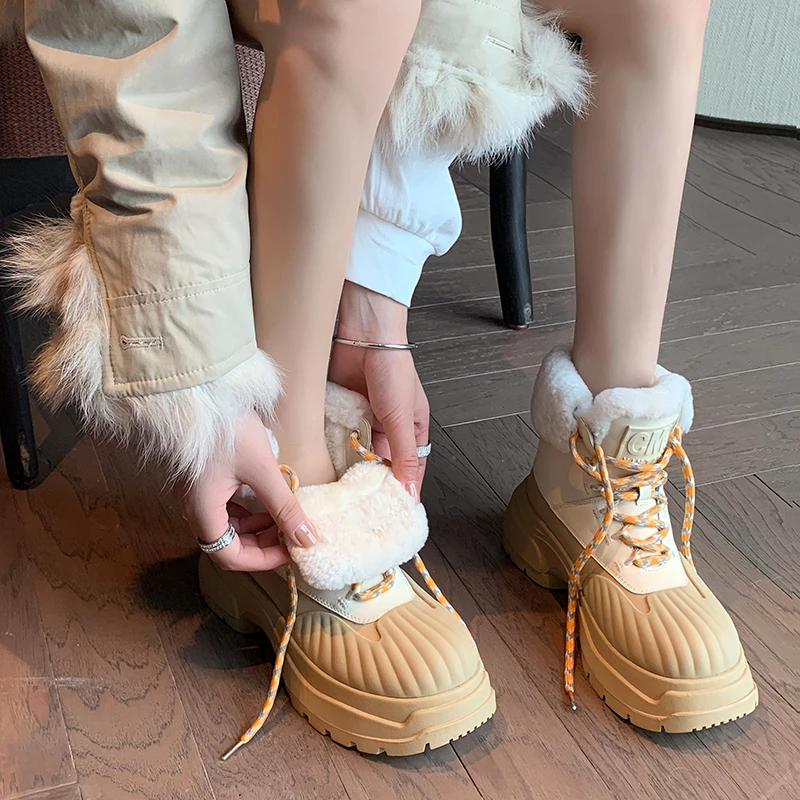 【王二今】牛皮/跟6CM/松糕厚底酷飒A短靴女皮毛一体雪地靴棉鞋女