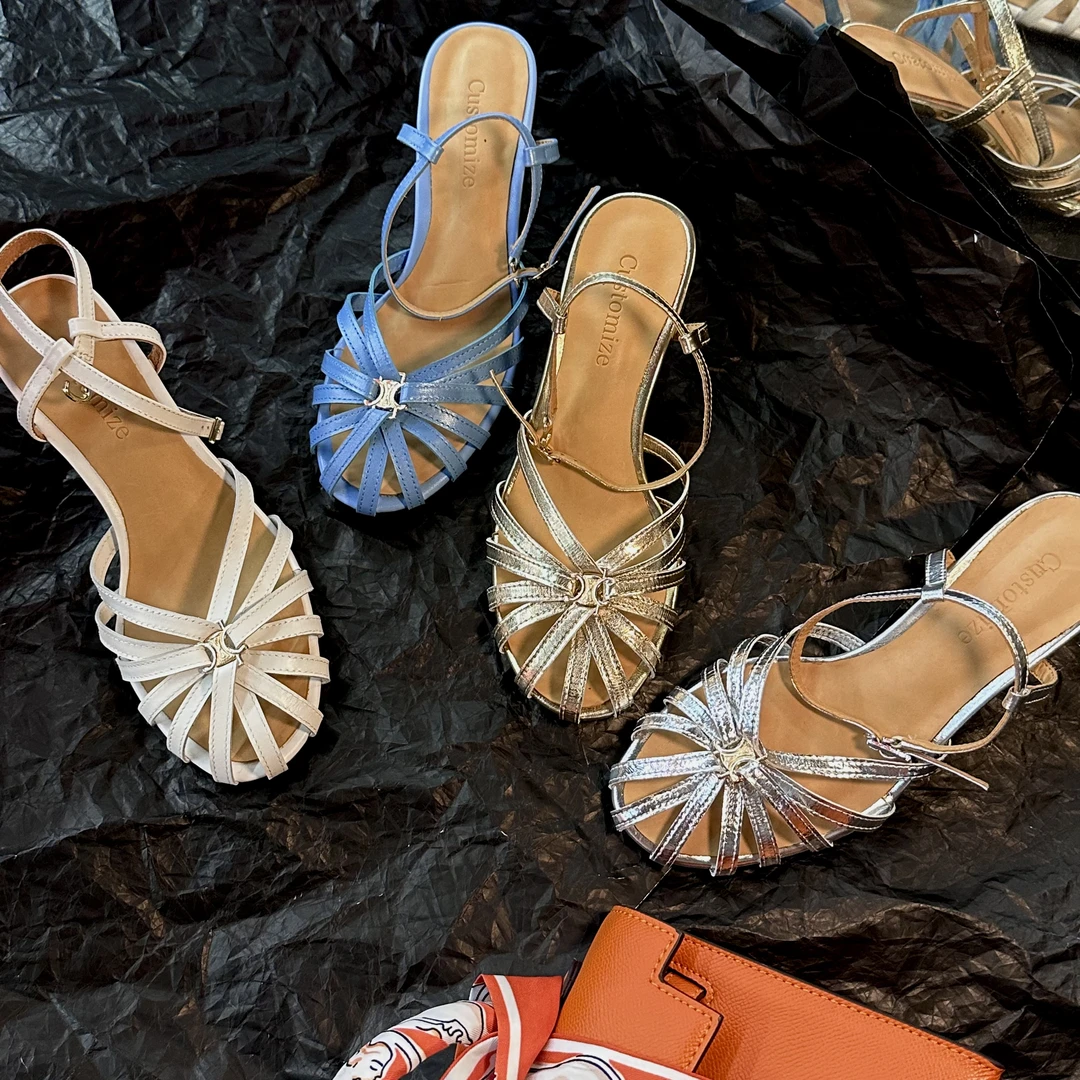 【王二今】牛皮/夏季简约风细跟凯旋门时髦摩登罗马猪笼凉鞋女