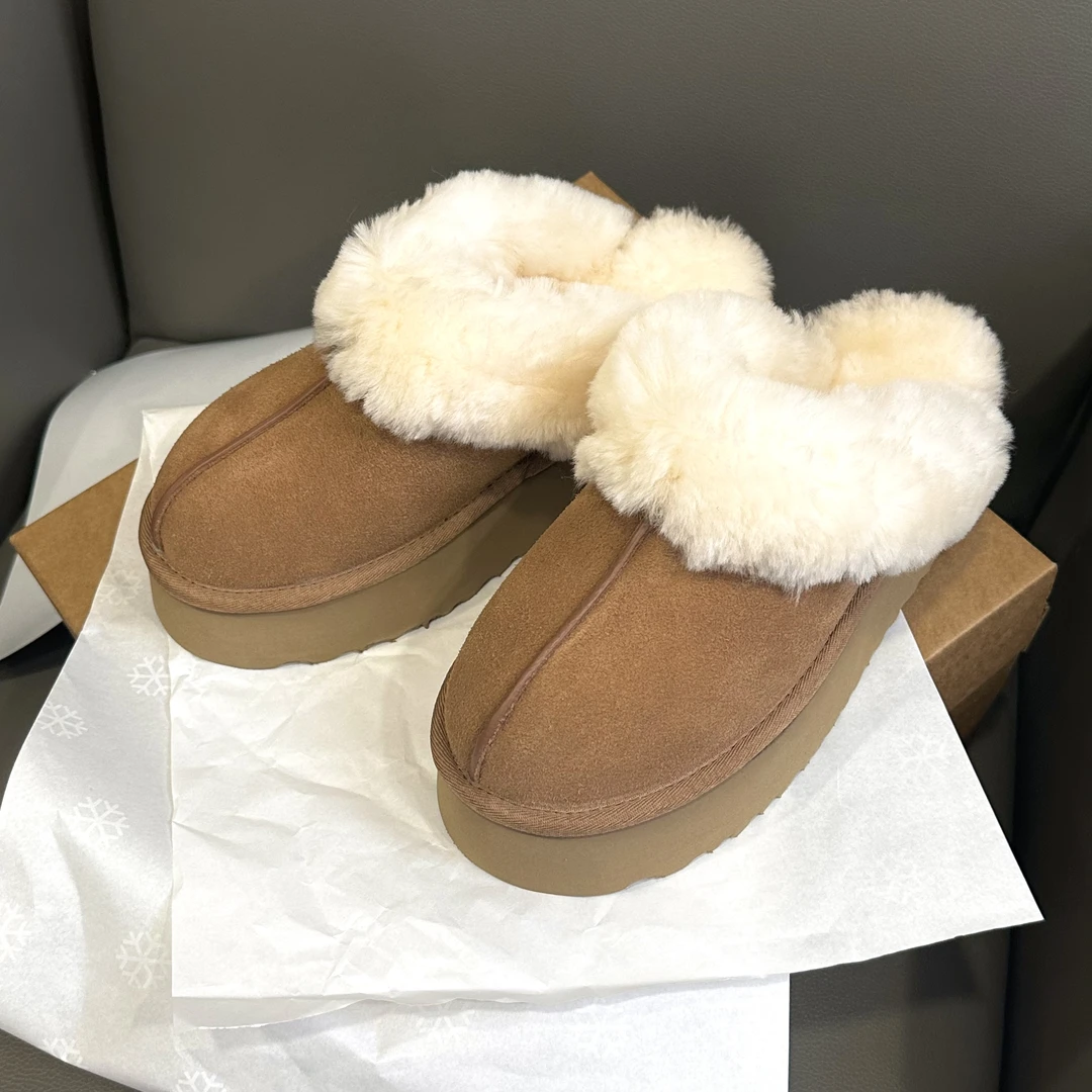 【王二今】牛皮/跟3.5CM/松糕厚底懒人鞋休闲皮毛一体雪地靴拖鞋女
