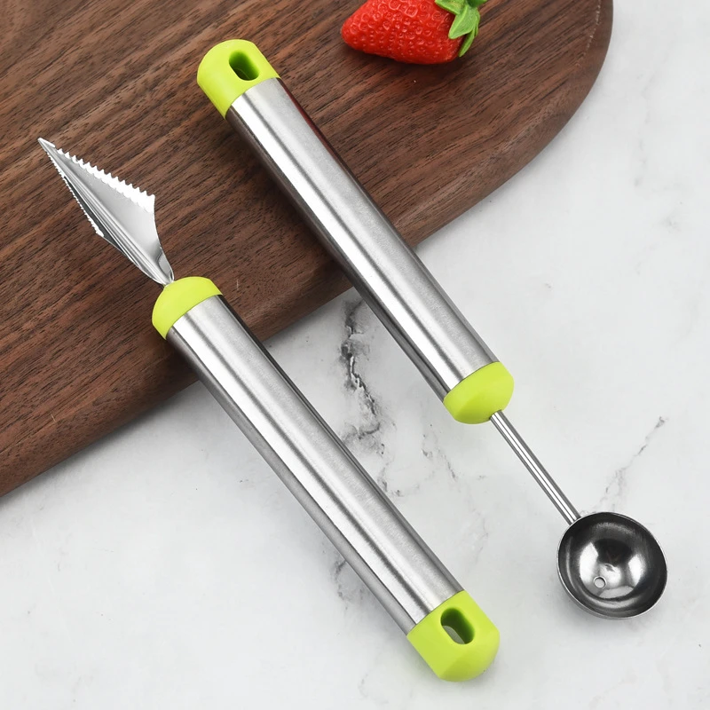 [2件套]不锈钢花型水果挖球器西瓜挖球勺水果雕花刀切水果套装