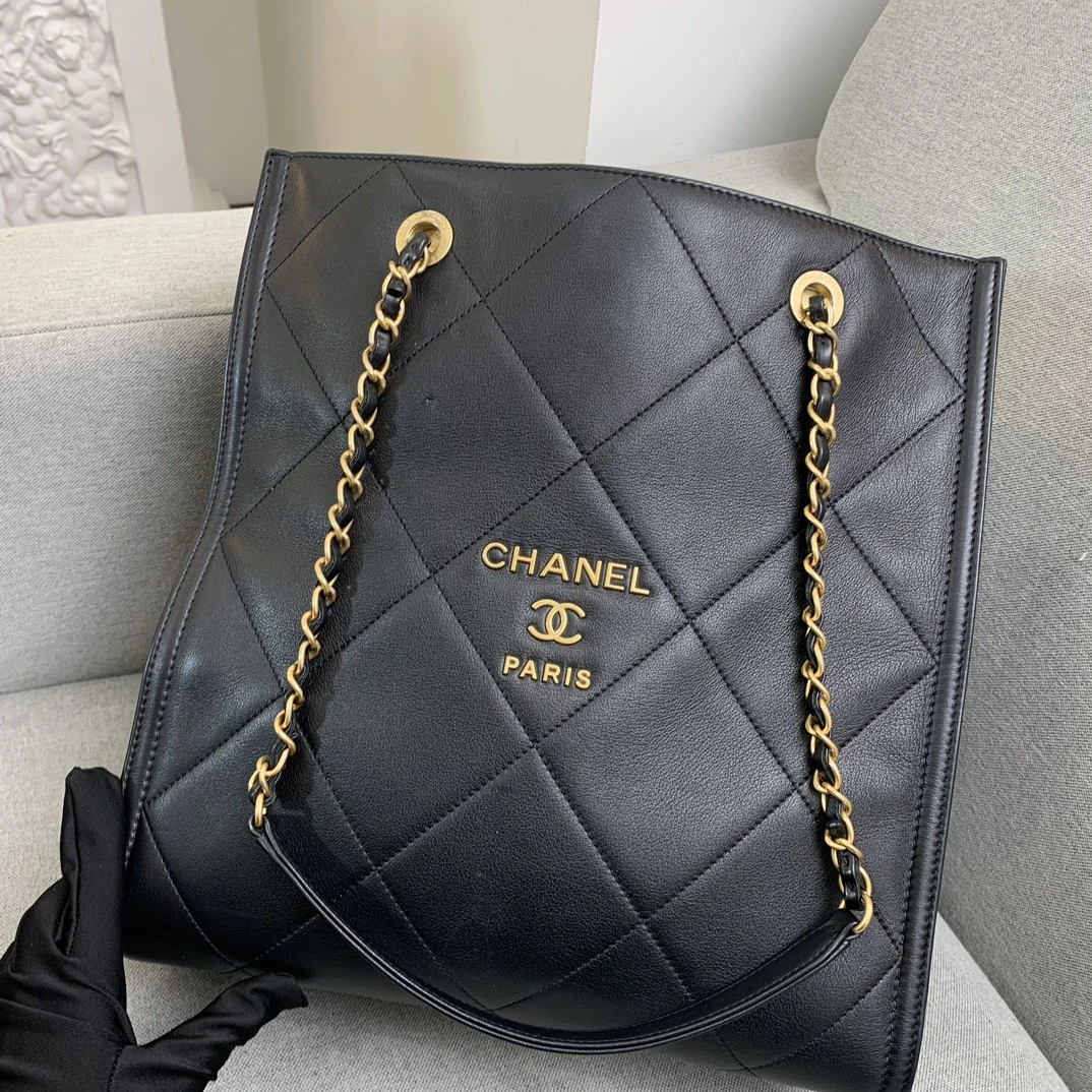 95新 Chanel/香奈儿 宝利汇小牛皮 黑金 tote 菱格