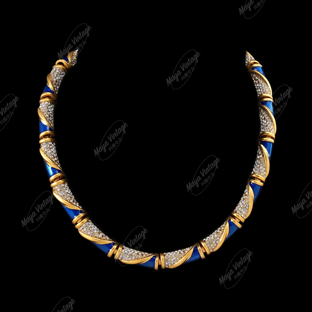 合金项链 中古风蓝色珐琅莱茵石素金项链/S499