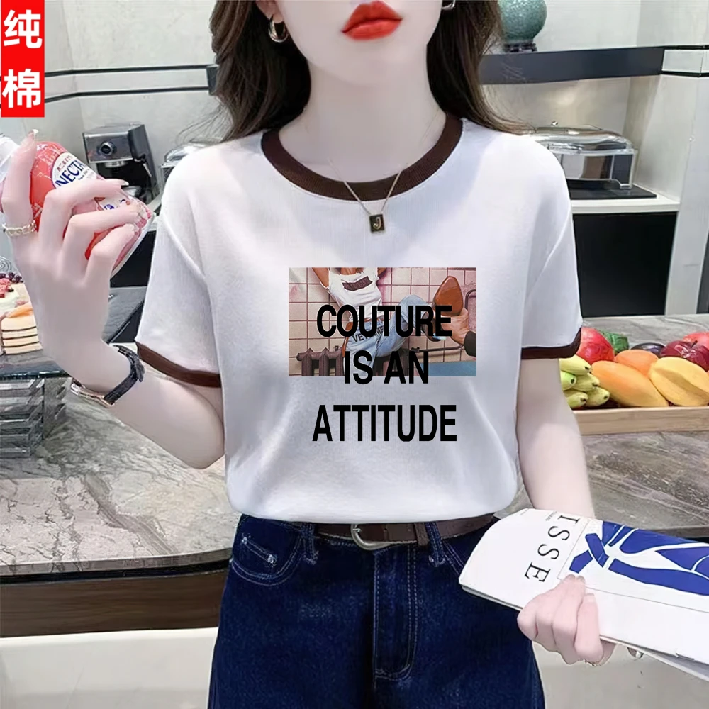 纯棉ins打底短袖t恤圆领宽松时尚洋气半袖外穿百搭上衣白色矮个子