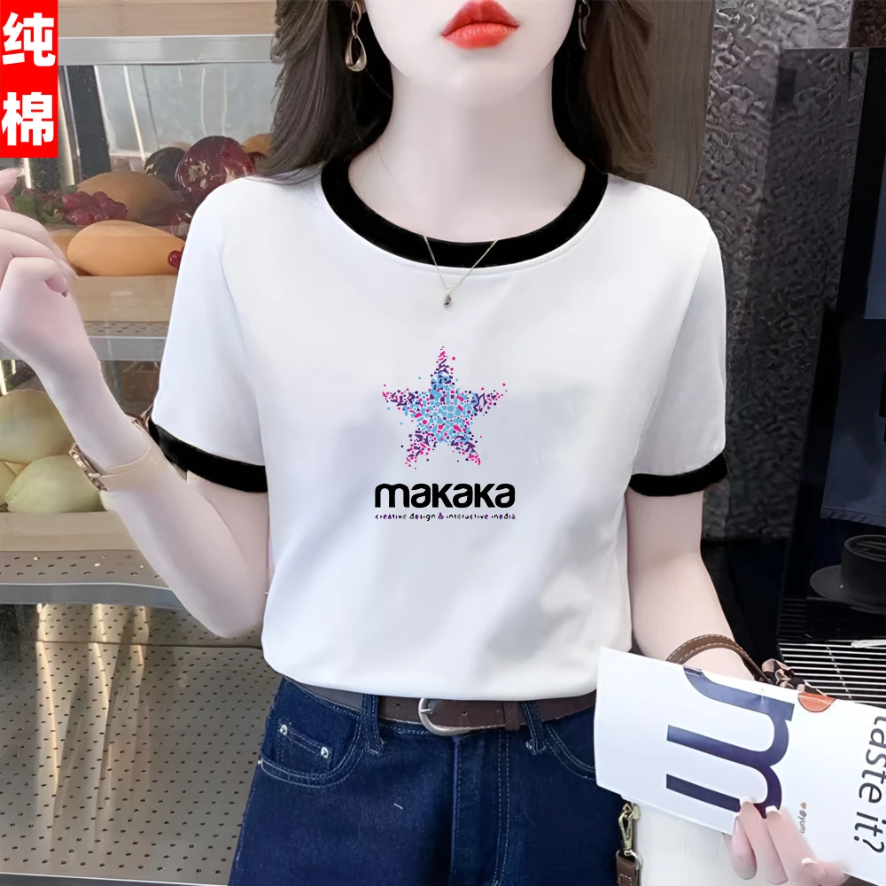 100%纯棉夏季t恤女新款百搭正肩韩版印花纯棉宽松打底体恤衫上衣