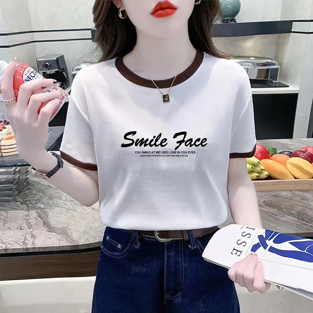 纯棉宽松撞色短袖T恤白色短袖女洋气打底衫圆领韩版短袖女矮个子