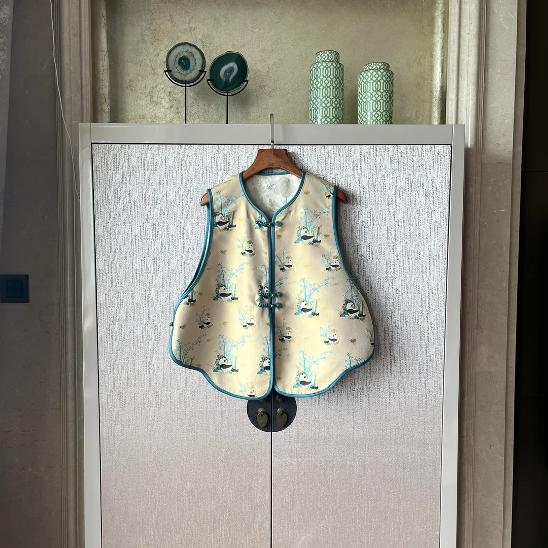 桑蚕丝马甲中式手工嵌边盘扣双面穿无袖复古