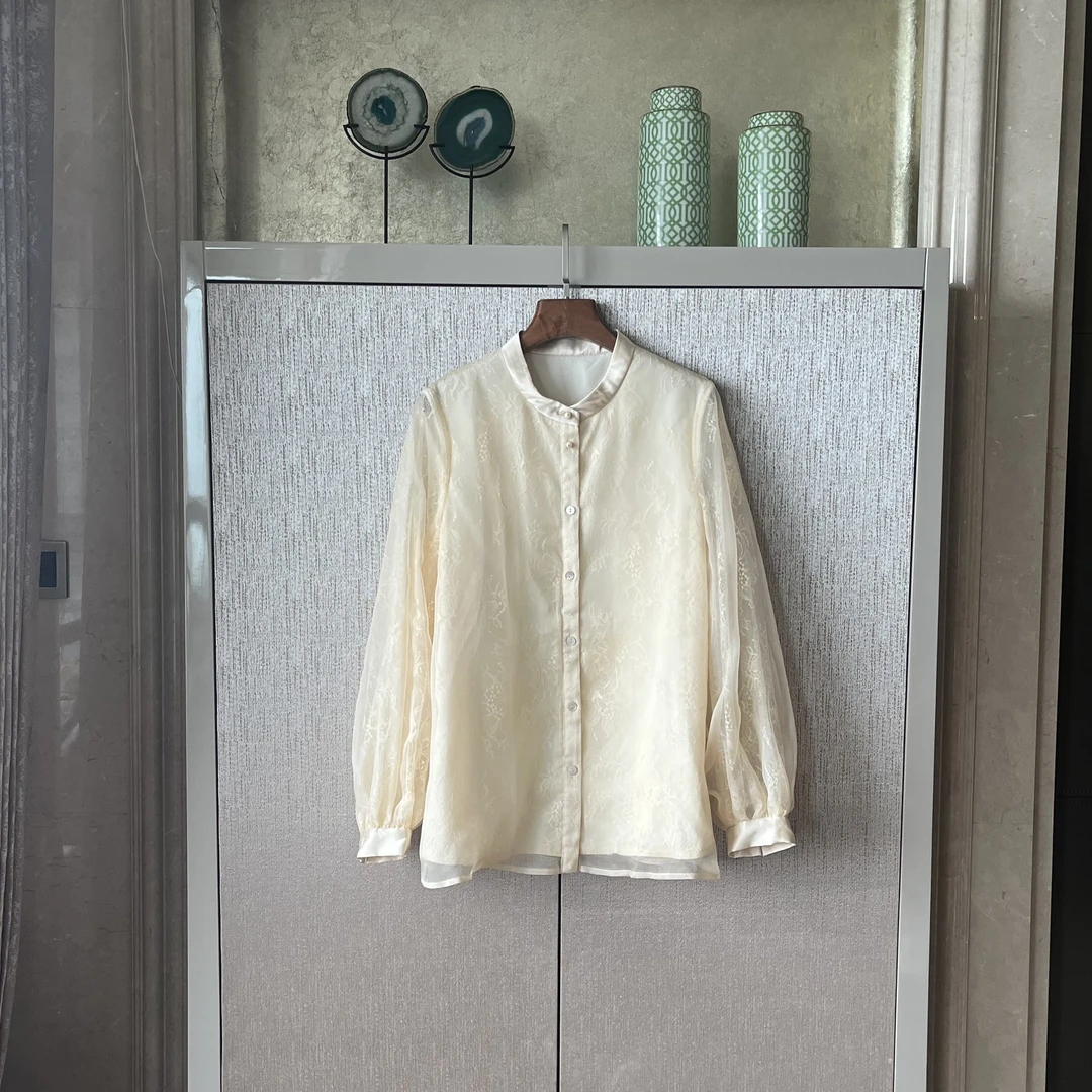 桑蚕丝衬衫气质圆领时尚蕾丝百搭女士休闲长袖