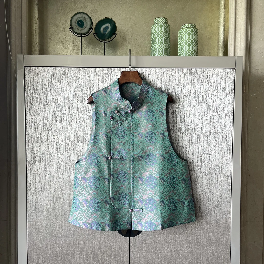 ChanChanWang2024春季新款桑蚕丝女士马甲工艺宋锦中式休闲时尚