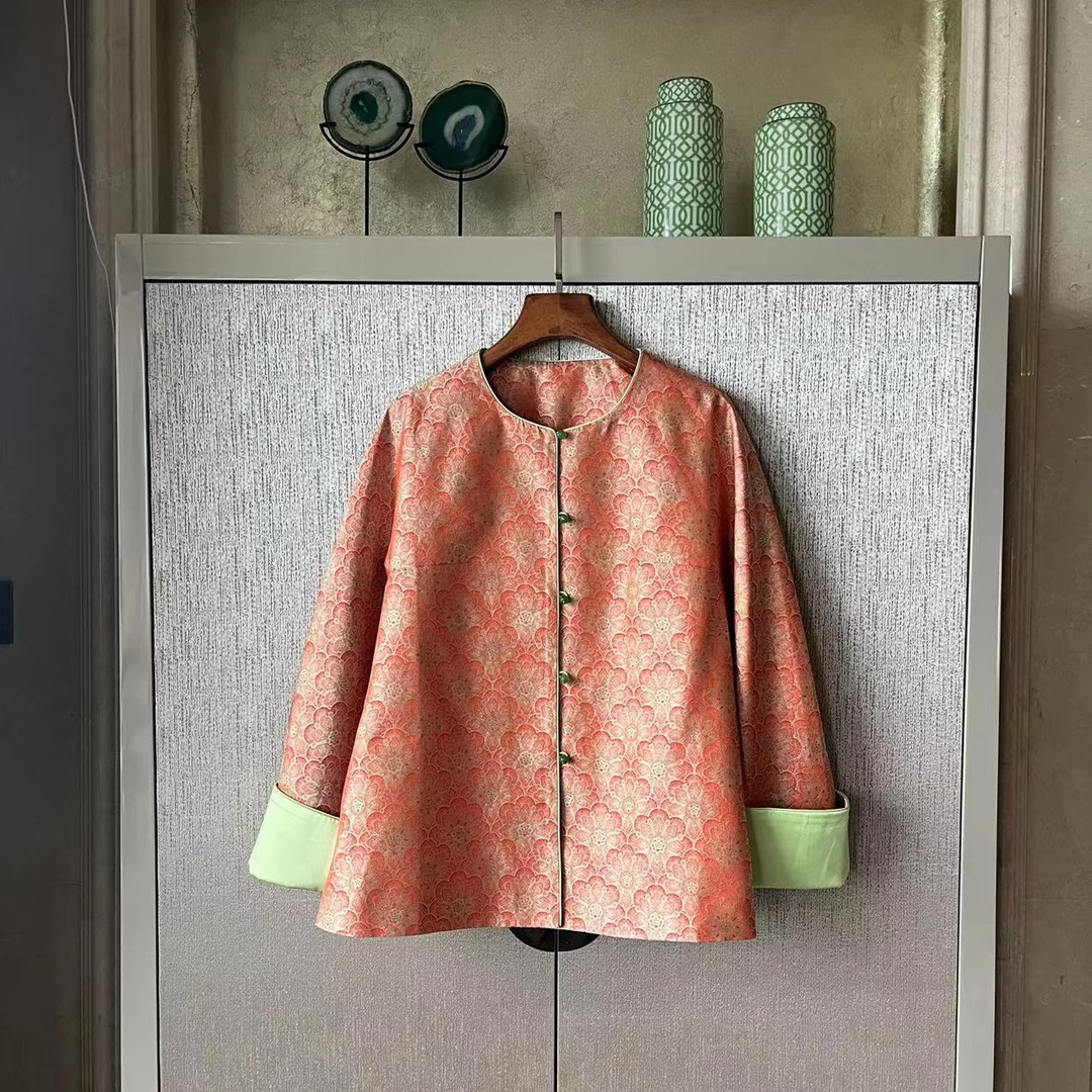 【桃之夭夭】桑蚕丝休闲外套时尚气质长袖天然玉石扣